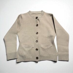 Beige Button Front Crewneck Cardigan w/ Pockets Classic Knit Women’s S